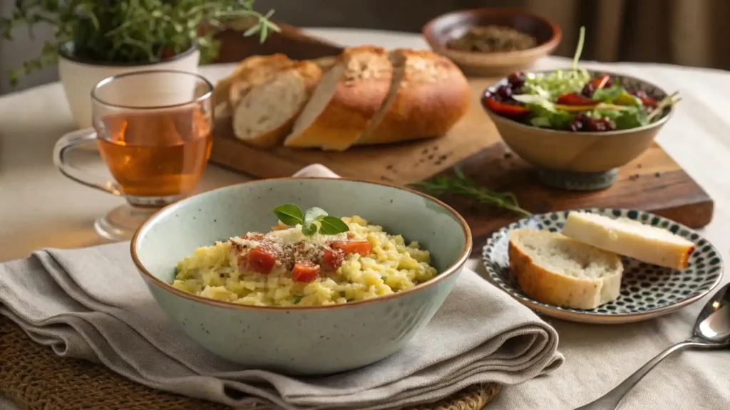 A full meal with pastina, salad, and bread served on a rustic table