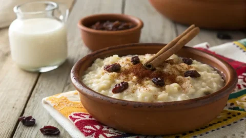 Traditional Mexican arroz con leche in a rustic bowl with cinnamon and raisins