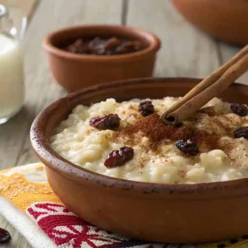 Traditional Mexican arroz con leche in a rustic bowl with cinnamon and raisins