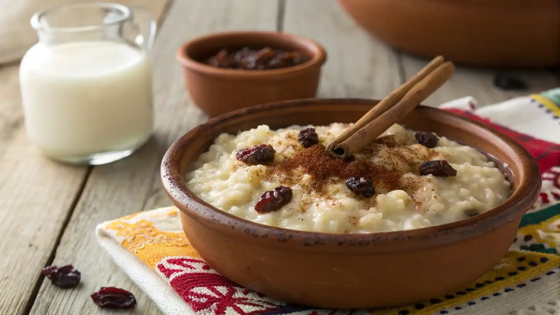 Traditional Mexican arroz con leche in a rustic bowl with cinnamon and raisins