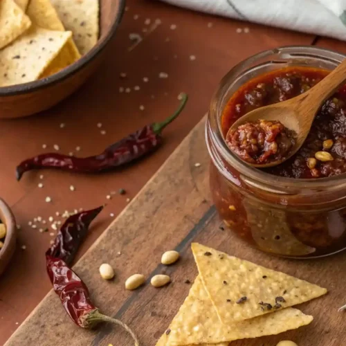 Jar of The Best Salsa Macha Recipe with chili oil, peanuts, dried chiles, garlic, and tortilla chips on a rustic Mexican kitchen counter.