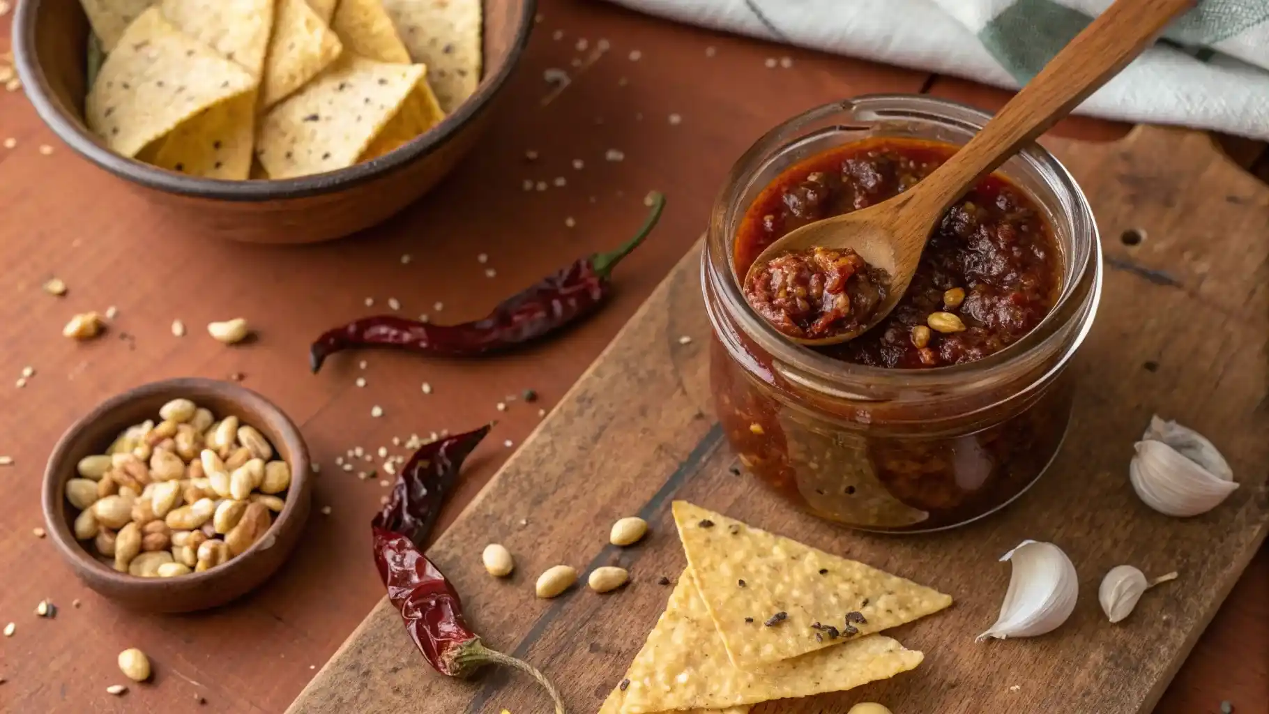 Jar of The Best Salsa Macha Recipe with chili oil, peanuts, dried chiles, garlic, and tortilla chips on a rustic Mexican kitchen counter.