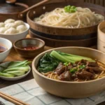 A realistic spread of traditional Taiwanese home-cooked dishes on a wooden kitchen table.