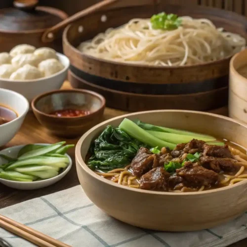 A realistic spread of traditional Taiwanese home-cooked dishes on a wooden kitchen table.