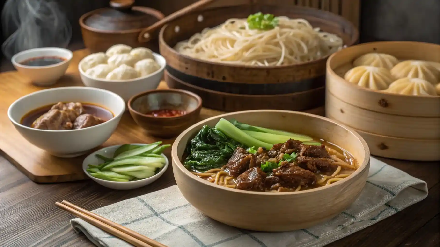 A realistic spread of traditional Taiwanese home-cooked dishes on a wooden kitchen table.