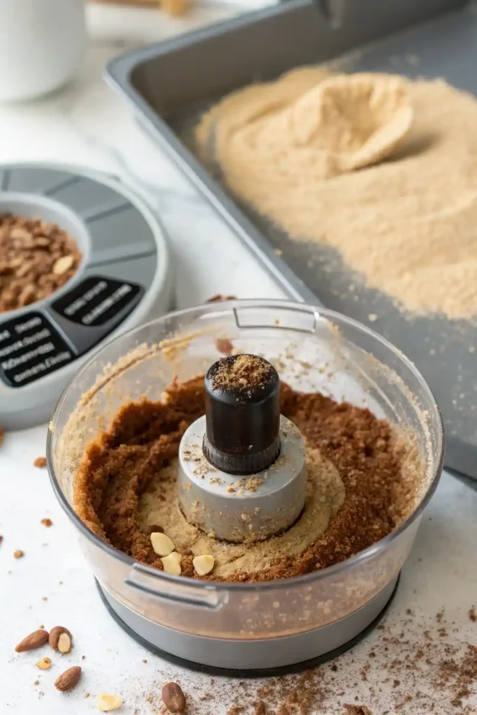 Food processor blending date and nut mixture into a sticky paste, with a parchment-lined loaf pan blurred behind.
