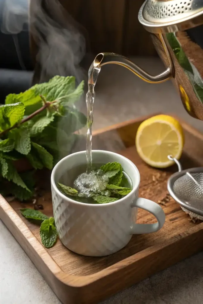 Hot water being poured into a tea cup with lemon balm leaves in a strainer