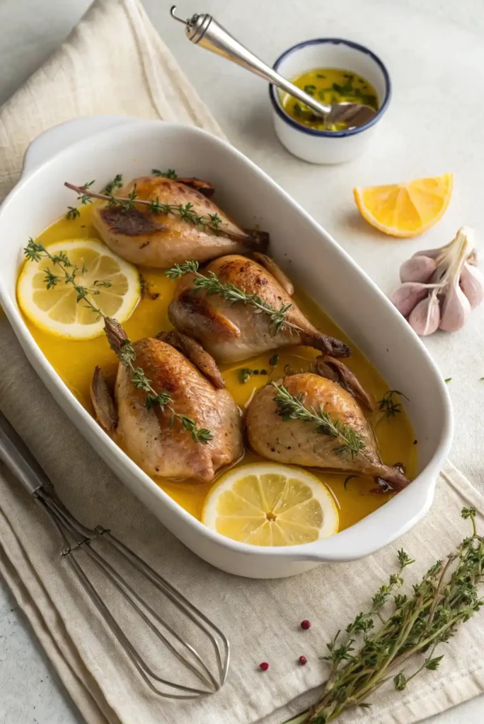 Quail halves marinating in lemon‑orange herb mixture with thyme and garlic.