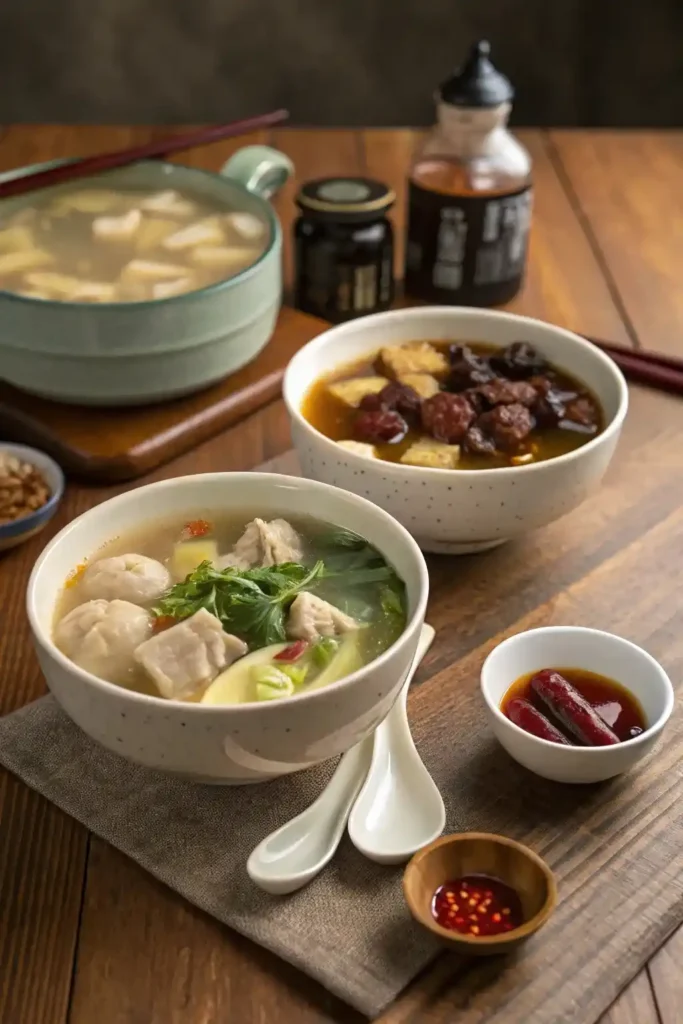 Taiwanese cooking ingredients laid out on a rustic table.