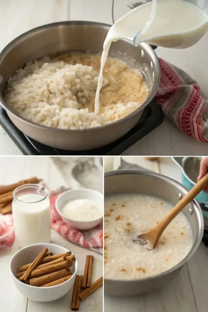 Step-by-step process of making creamy arroz con leche in a home kitchen