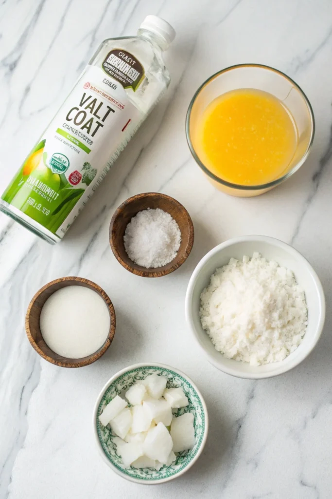 A glass of cortisol cocktail made with orange juice and coconut water on a white counter, surrounded by fresh ingredients and natural light
