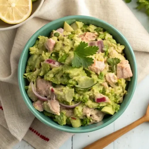 A rustic ceramic bowl filled with creamy avocado tuna salad, garnished with cilantro and a lemon wedge, on a light wooden table.