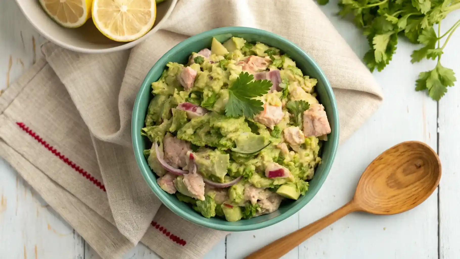 A rustic ceramic bowl filled with creamy avocado tuna salad, garnished with cilantro and a lemon wedge, on a light wooden table.
