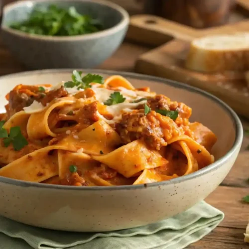 Creamy Calabrian chili pappardelle pasta garnished with parsley, sausage, and parmesan.