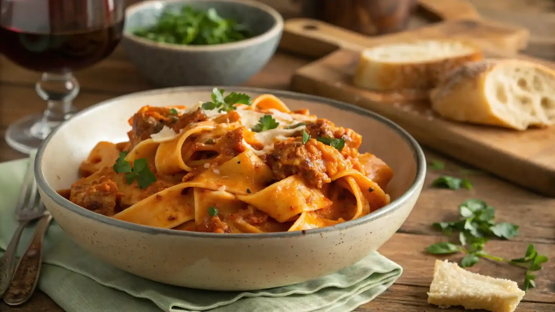 Creamy Calabrian chili pappardelle pasta garnished with parsley, sausage, and parmesan.