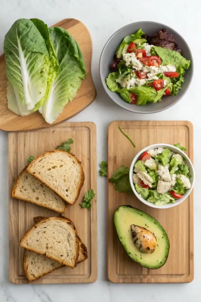 Four small boards showing avocado half with tuna, lettuce wraps, salad bowl, and tuna salad sandwich.