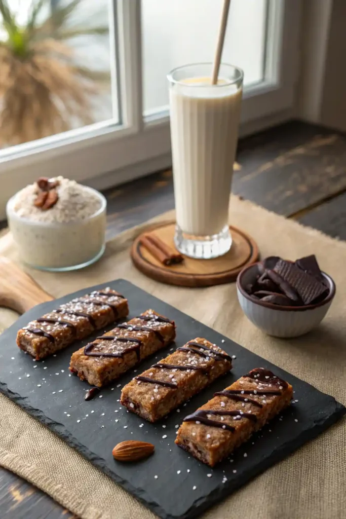 Slate board with three date palm energy bars—one drizzled in chocolate—next to an almond-milk smoothie and Greek yogurt.