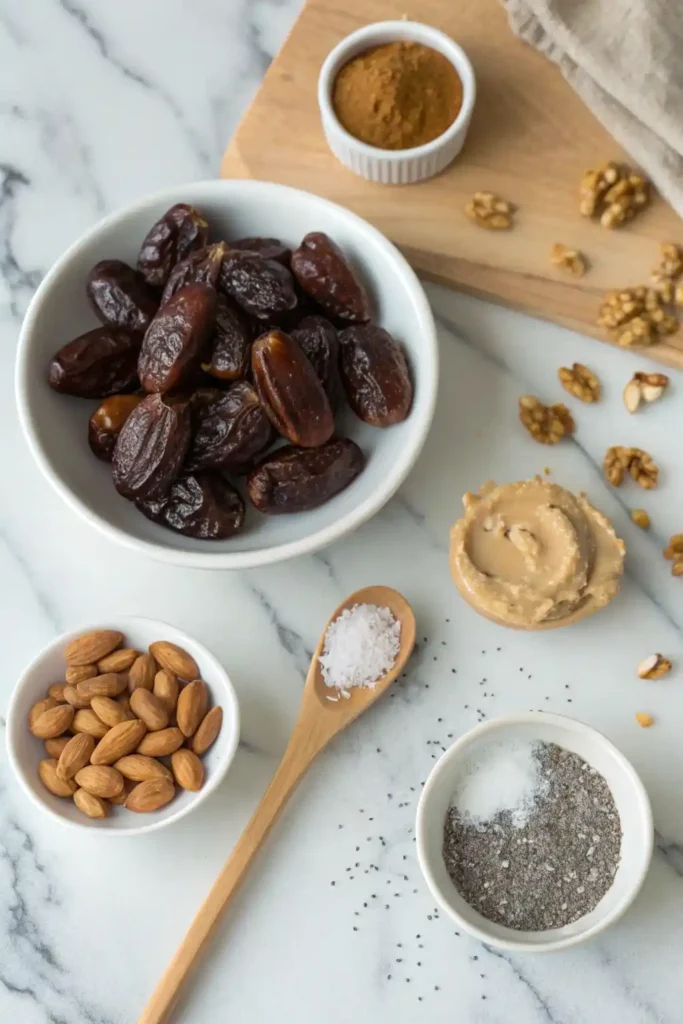 Overhead view of pitted dates, almonds, walnuts, peanut butter, cinnamon stick, sea salt, and chia seeds arranged on a marble surface.