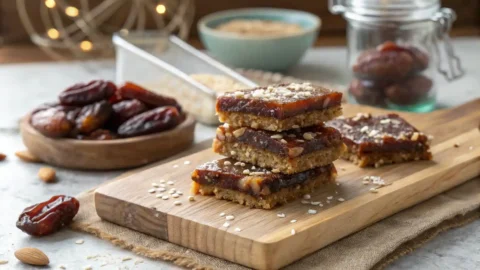 Close-up of homemade date palm energy bars on a wooden cutting board, with a bowl of medjool dates and jar of almonds in soft-focus background.