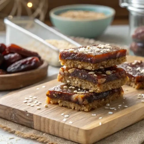 Close-up of homemade date palm energy bars on a wooden cutting board, with a bowl of medjool dates and jar of almonds in soft-focus background.