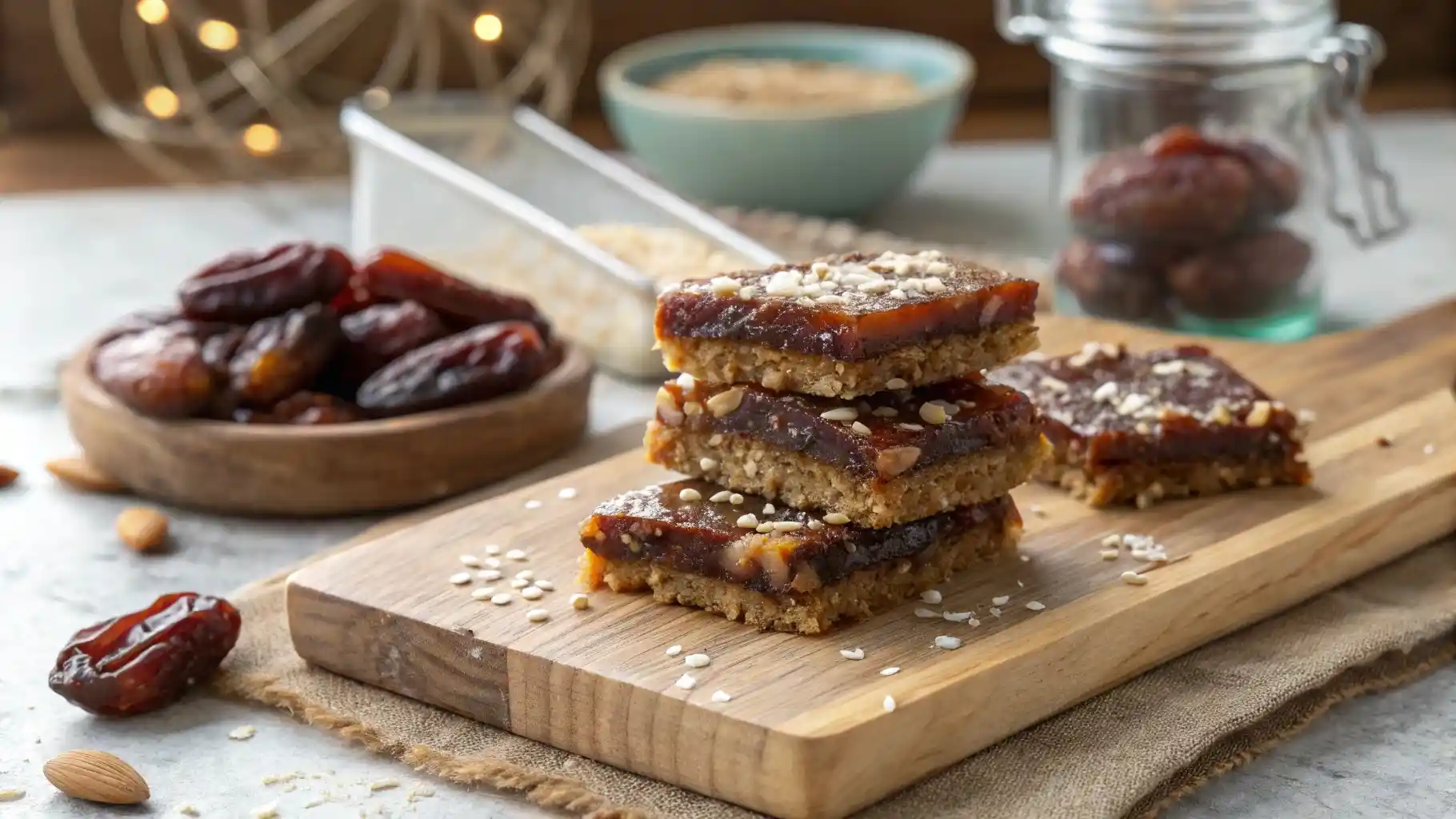 Close-up of homemade date palm energy bars on a wooden cutting board, with a bowl of medjool dates and jar of almonds in soft-focus background.
