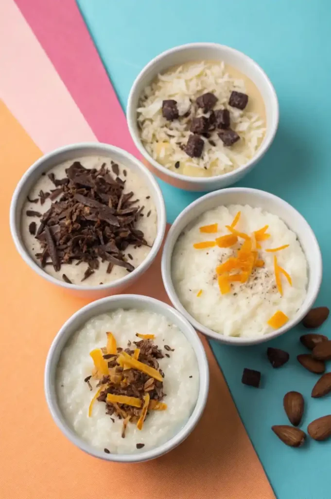 Different variations of arroz con leche in individual serving bowls