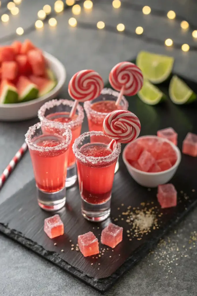 Four tajín-rimmed Mexican candy shots garnished with lollipops and lime wedges on a slate tray with watermelon cubes.
