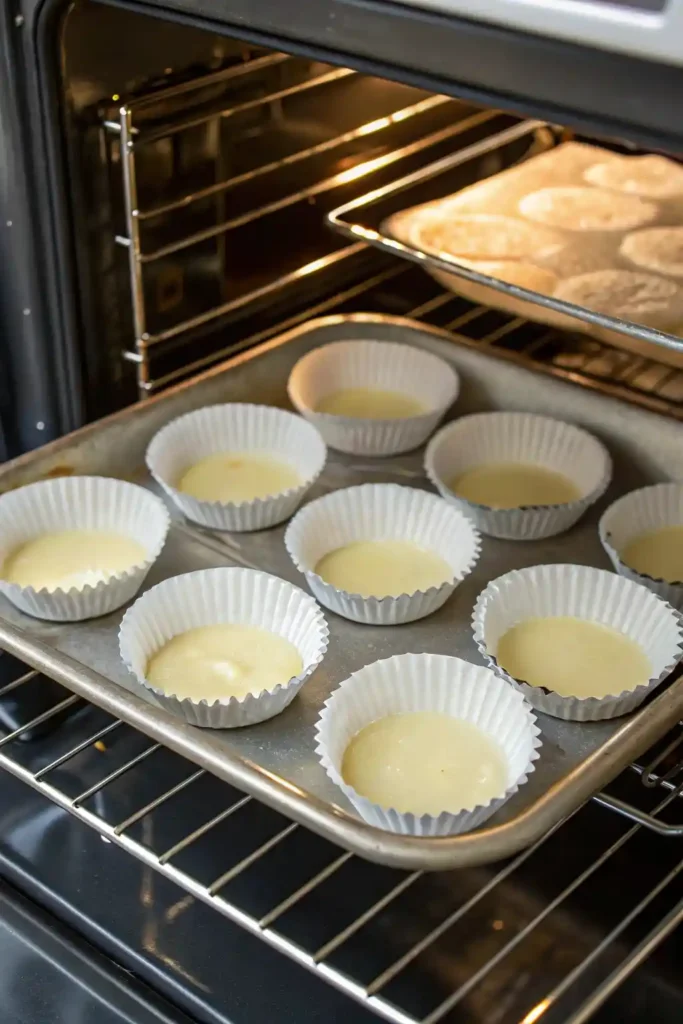 Batter poured into greased mini cake pans ready for baking.