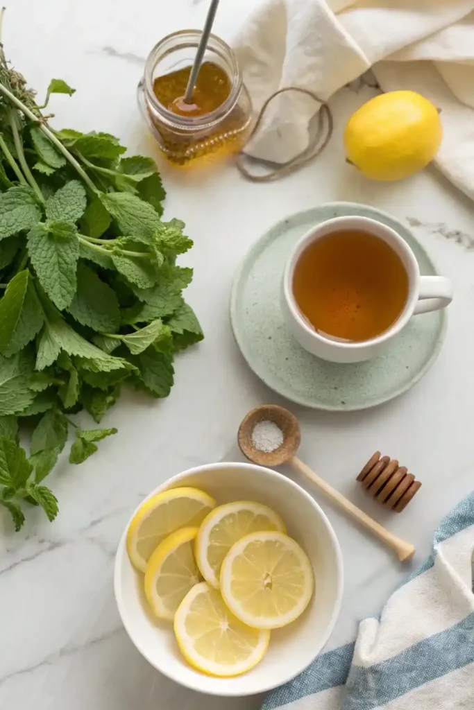 Ingredients for lemon balm tea including leaves, lemon, honey, and tea strainer