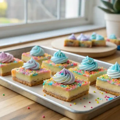 Colorful Unicorn Bars with blue buttercream and rainbow sprinkles on a tray