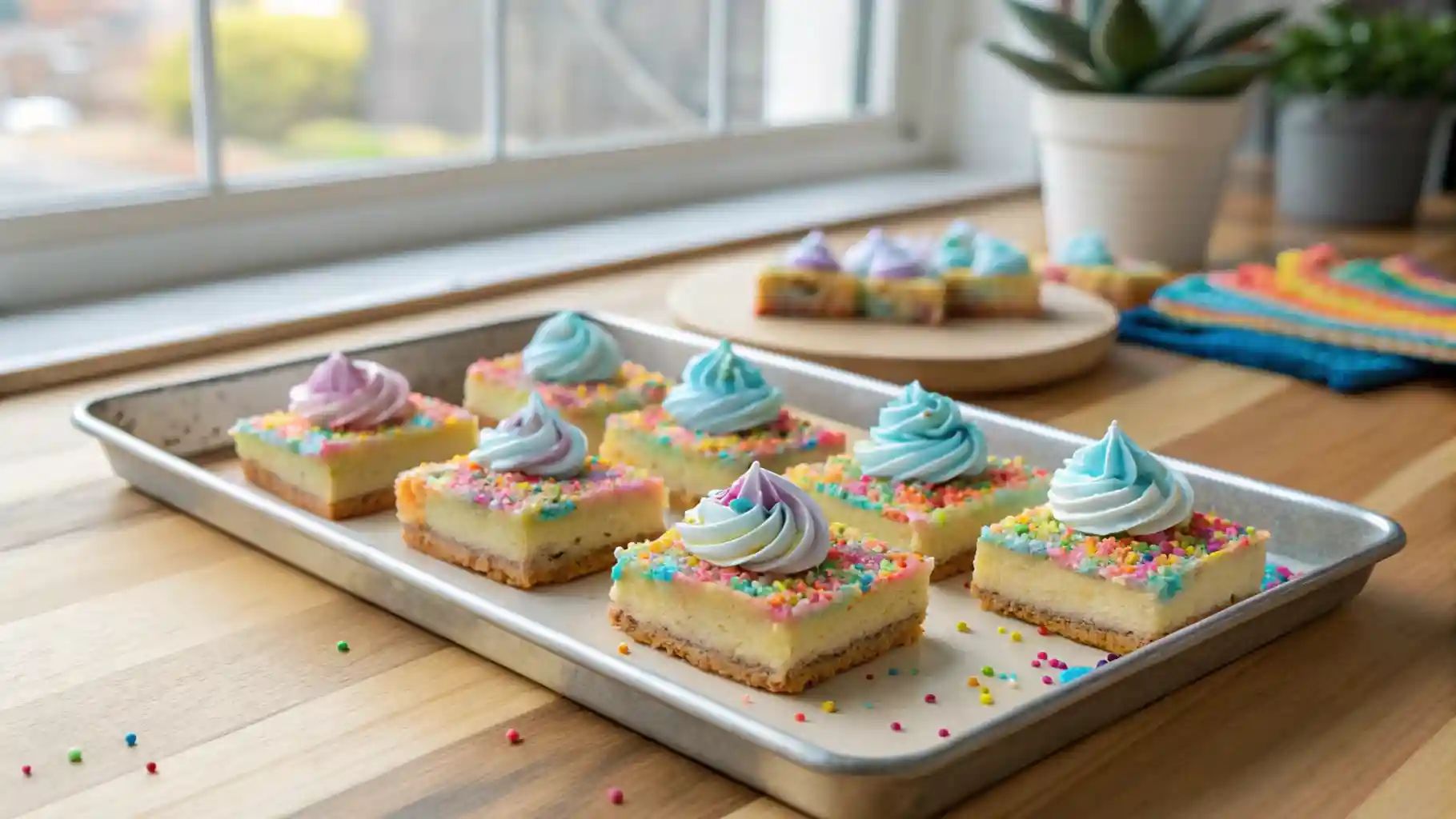 Colorful Unicorn Bars with blue buttercream and rainbow sprinkles on a tray