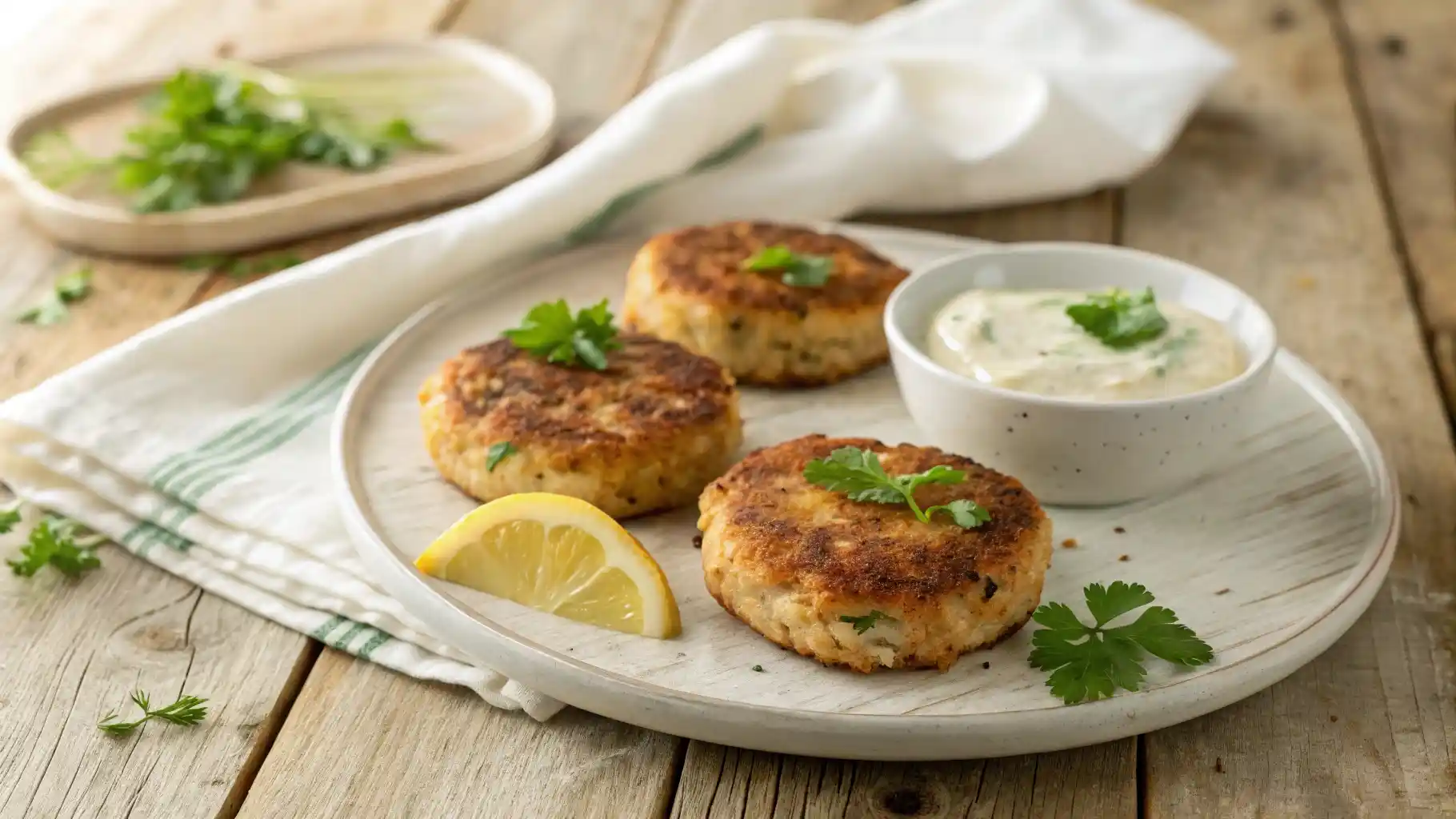 Three golden-brown salmon cakes on a white plate, garnished with fresh parsley and lemon wedges, with a small bowl of tartar sauce on the side.