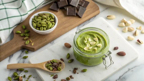 Jar of pistachio cream with bread and ingredients in warm kitchen light.