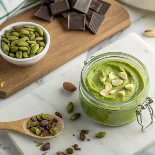 Jar of pistachio cream with bread and ingredients in warm kitchen light.