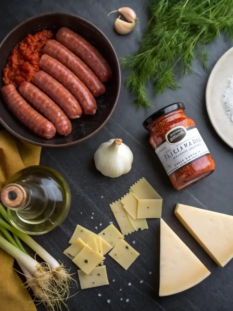 Top view of fresh ingredients for creamy Calabrian chili pappardelle.