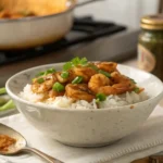 Bowl of homemade crawfish etouffee over rice on a wooden table