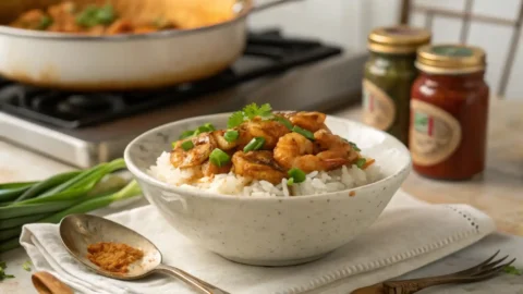 Bowl of homemade crawfish etouffee over rice on a wooden table