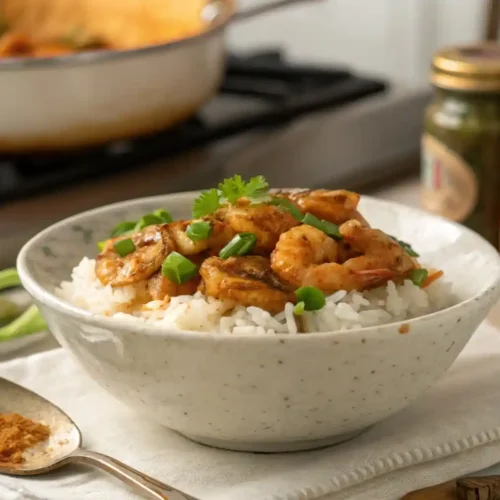 Bowl of homemade crawfish etouffee over rice on a wooden table