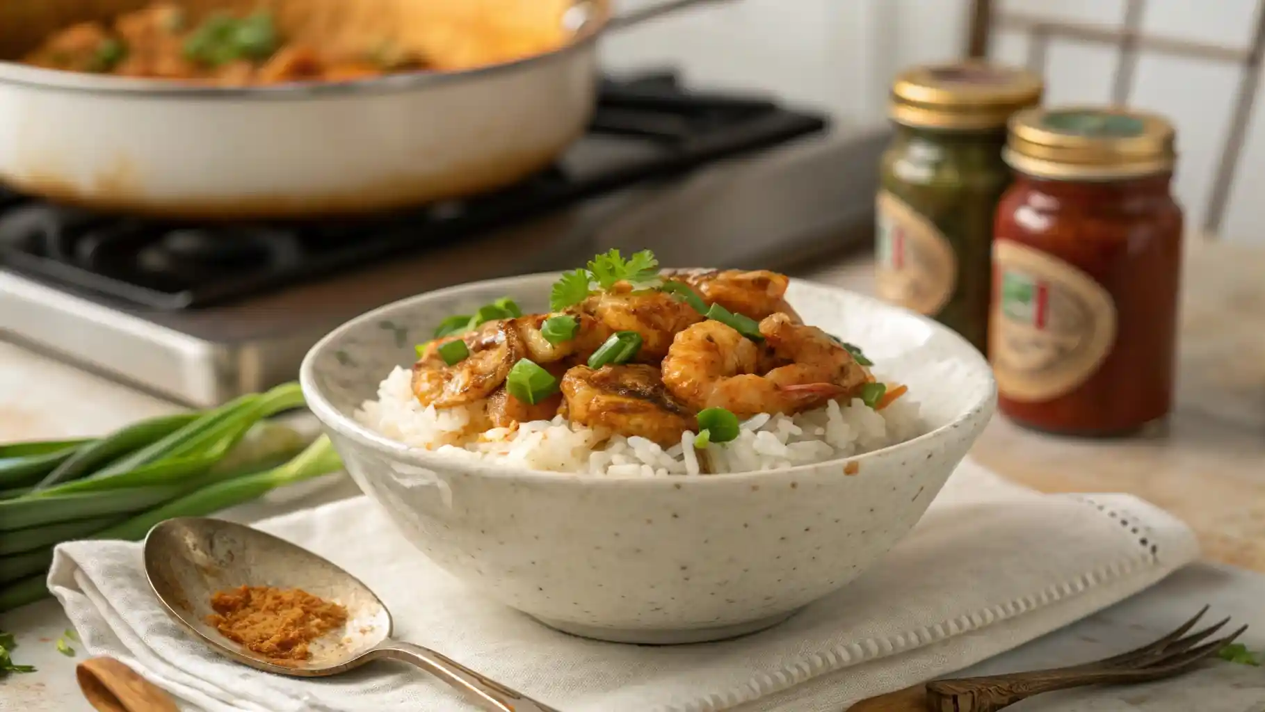 Bowl of homemade crawfish etouffee over rice on a wooden table