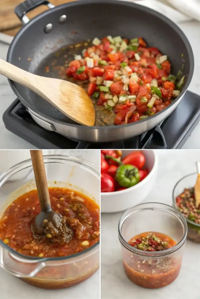 Steps of making salsa macha: toasting ingredients, blending in food processor, and finished salsa in a jar.