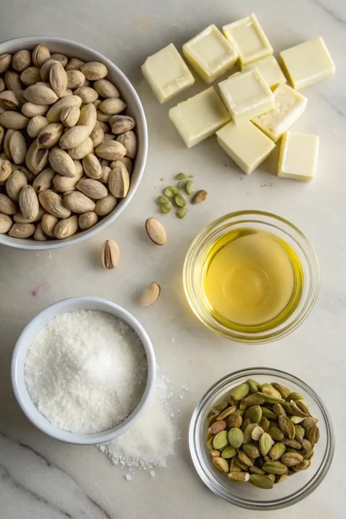 Measured ingredients for pistachio cream arranged on marble surface.