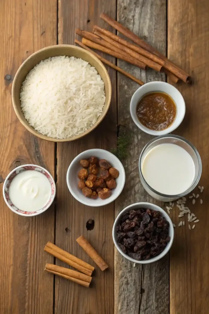 Ingredients for Mexican arroz con leche arranged on a wooden surface