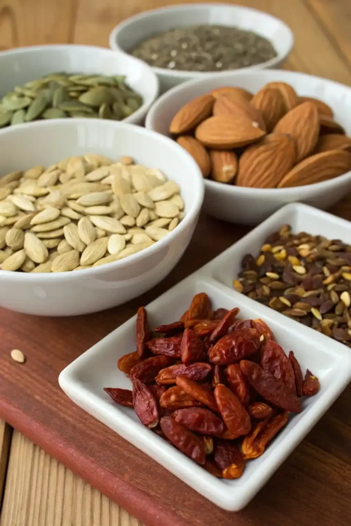 Alternative ingredients like almonds and pumpkin seeds for customizing salsa macha.