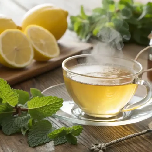 Freshly brewed lemon balm tea with lemon slices and fresh lemon balm leaves on a wooden table