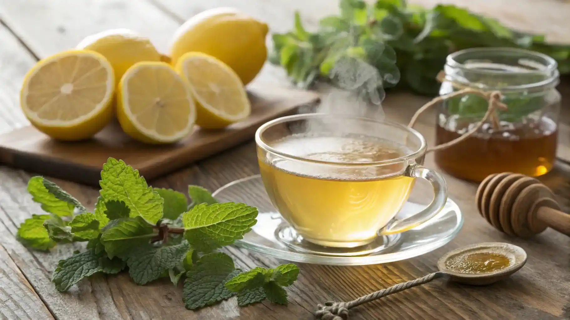Freshly brewed lemon balm tea with lemon slices and fresh lemon balm leaves on a wooden table