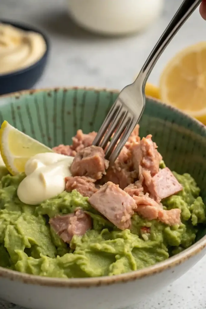 Avocado tuna salad wrapped in lettuce leaves next to mixed greens and a keto diet book.