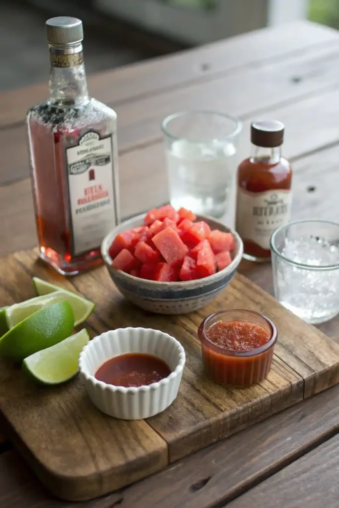 Overhead view of tequila, watermelon cubes, chamoy, tajín, simple syrup, lime, schnapps, hot sauce, ice, and shot glasses on a wooden table.