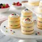 Mini Cakes stacked with vanilla buttercream and sprinkles on a marble cake stand.