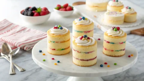 Mini Cakes stacked with vanilla buttercream and sprinkles on a marble cake stand.