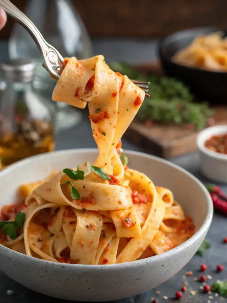 Fork lifting creamy Calabrian chili pappardelle showing the rich sauce.